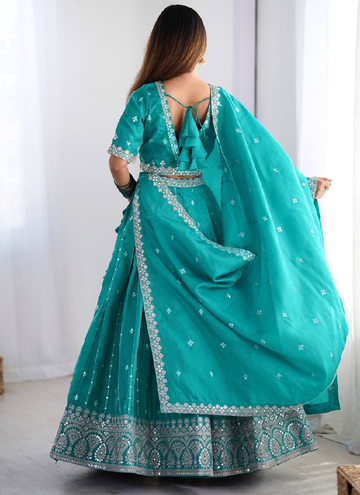 Rama Green Shimmer silk Festive and Party wear lehenga choli with sequin and thread work